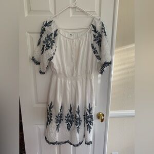 White Embroidered Peasant Dress with Navy Floral Detail